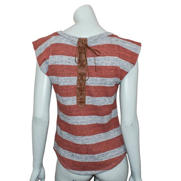 SANDRO Women's Size 3 Short Sleeve Sweatshirt Back Leather Lace up Striped - Picture 4 of 10